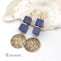 Blue Lapis Lazuli Gemstone Earrings with Small Hand Stamped Gold Brass Dangles