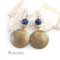 Gold Brass Spiral Earrings with Faceted Blue Lapis Lazuli Gemstones - Bold Exotic Egyptian Inspired Jewelry