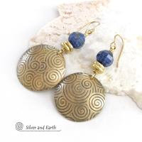 Gold Brass Spiral Earrings with Faceted Blue Lapis Lazuli Gemstones - Bold Exotic Egyptian Inspired Jewelry