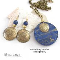 Gold Brass Spiral Earrings with Faceted Blue Lapis Lazuli Gemstones - Bold Exotic Egyptian Inspired Jewelry