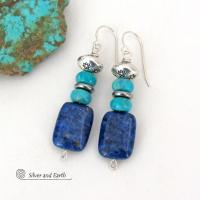 Lapis Lazuli and Turquoise Earrings with Silver Tone Beads - Southwestern Style Jewelry