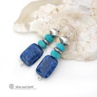 Lapis Lazuli and Turquoise Earrings with Silver Tone Beads - Southwestern Style Jewelry