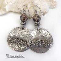 Large Sterling Silver Earrings with Rustic Hammered Texture and Spotted Asteroid Jasper Stones
