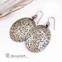 Large Modern Sterling Silver Oval Dangle Earrings with Hand Stamped Texture