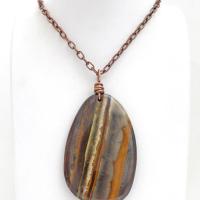 Large Tiger Iron Gemstone Pendant on Copper Chain Necklace - One of a Kind Earthy Natural Stone Jewelry