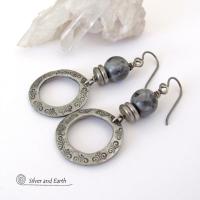 Silver Pewter Hoop Earrings with Larvikite Gemstones - Black Labradorite / Norwegian Moonstone Jewelry