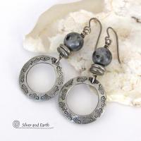 Silver Pewter Hoop Earrings with Larvikite Gemstones - Black Labradorite / Norwegian Moonstone Jewelry