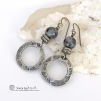 Silver Pewter Hoop Earrings with Larvikite Gemstones - Black Labradorite / Norwegian Moonstone Jewelry