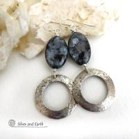 Larvikite Sterling Silver Hoop Dangle Earrings - Norwegian Moonstone Jewelry