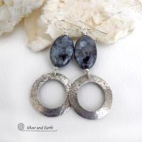 Larvikite Sterling Silver Hoop Dangle Earrings - Norwegian Moonstone Jewelry