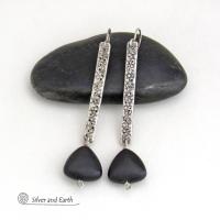 Long Sterling Silver Stick Earrings with Matte Black Onyx Triangle Stone Dangles - Artisan Handcrafted Bold Contemporary Modern Jewelry