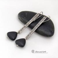Long Sterling Silver Stick Earrings with Matte Black Onyx Triangle Stone Dangles - Artisan Handcrafted Bold Contemporary Modern Jewelry