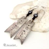 Long Oxidized Sterling Silver Earrings with Hand Stamped Texture - Bold Modern Edgy Tribal Style Jewelry
