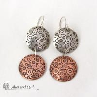 Sterling Silver and Copper Small Circle Hand Stamped Dangle Earrings - Artisan Handmade Modern Mixed Metal Jewelry