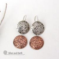 Sterling Silver and Copper Small Circle Hand Stamped Dangle Earrings - Artisan Handmade Modern Mixed Metal Jewelry