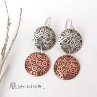 Sterling Silver and Copper Small Circle Hand Stamped Dangle Earrings - Artisan Handmade Modern Mixed Metal Jewelry