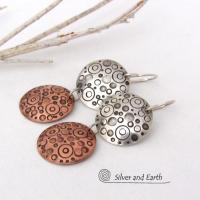 Sterling Silver and Copper Small Circle Hand Stamped Dangle Earrings - Artisan Handmade Modern Mixed Metal Jewelry