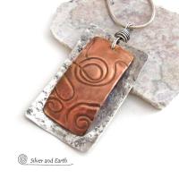 Mixed Metal Pendant Necklace with Textured Sterling Silver & Copper