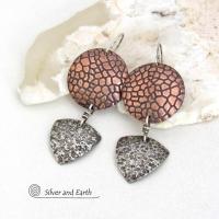 Textured Mixed Metal Copper and Sterling Silver Earrings - Modern Contemporary Artisan Handcrafted Jewelry