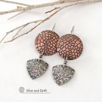 Textured Mixed Metal Copper and Sterling Silver Earrings - Modern Contemporary Artisan Handcrafted Jewelry