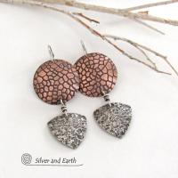 Textured Mixed Metal Copper and Sterling Silver Earrings - Modern Contemporary Artisan Handcrafted Jewelry