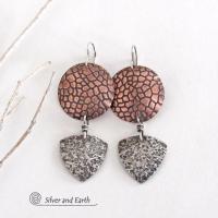 Textured Mixed Metal Copper and Sterling Silver Earrings - Modern Contemporary Artisan Handcrafted Jewelry