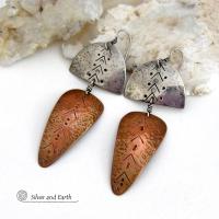 Unique and striking, these handcrafted mixed metal sterling silver and copper earrings will make a bold statement. They have a modern contemporary style with a tribal vibe. The combination of metals will mix and match beautifully with other copper and silver accessories in your wardrobe. Handmade in the USA by Silver and Earth Jewelry.