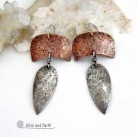 These handcrafted sterling silver and copper mixed metal earrings have an earthy, organic style with a modern tribal vibe. Unique and versatile, the combination of metals enables them to mix and match with other copper and silver accessories in your wardrobe. Handmade in the USA by Silver and Earth Jewelry.