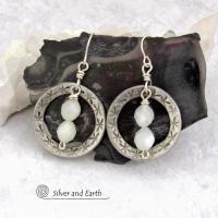 Faceted White Moonstone Silver Pewter Hoop Earrings - Modern Elegant Chic Gemstone Jewelry