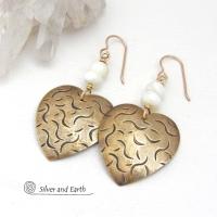 Gold Brass Heart Earrings with Mother of Pearl - Anniversary Jewelry Gifts for Women