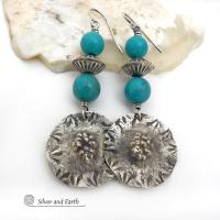 Textured Sterling Silver Earrings with Turquoise Stones and Sterling Silver Beads