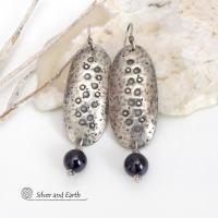 Hammered and Stamped Sterling Silver Earrings with Black Onyx Gemstone Dangles