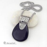 Black Onyx Sterling Silver Pendant Necklace - Contemporary Modern Gemstone Jewelry