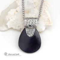 Black Onyx Sterling Silver Pendant Necklace - Contemporary Modern Gemstone Jewelry