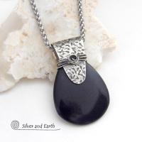 Black Onyx Sterling Silver Pendant Necklace - Contemporary Modern Gemstone Jewelry