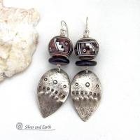 Sterling Silver Earrings with Peruvian Hand Painted Ceramic Beads - Bold Unique Ethnic Tribal Statement Jewelry