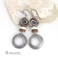 Silver Pewter Hoop Earrings with African Batik Bone Beads - Earthy Bold Ethnic African Tribal Inspired Jewelry