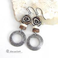 Silver Pewter Hoop Earrings with African Batik Bone Beads - Earthy Bold Ethnic African Tribal Inspired Jewelry