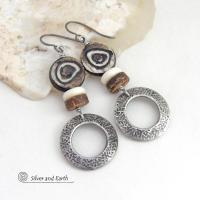 Silver Pewter Hoop Earrings with African Batik Bone Beads - Earthy Bold Ethnic African Tribal Inspired Jewelry