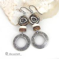 Silver Pewter Hoop Earrings with African Batik Bone Beads - Earthy Bold Ethnic African Tribal Inspired Jewelry