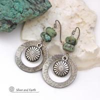 Silver Tone Pewter Concho Hoop Earrings with African Turquoise Stones - Southwestern Style Jewelry