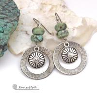 Silver Tone Pewter Concho Hoop Earrings with African Turquoise Stones - Southwestern Style Jewelry