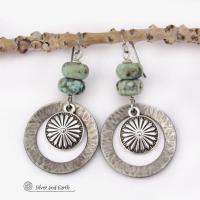 Silver Tone Pewter Concho Hoop Earrings with African Turquoise Stones - Southwestern Style Jewelry