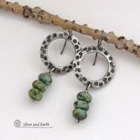 Rustic Textured Silver Pewter Hoop Earrings with African Turquoise Stones - Modern Earthy Organic Natural Gemstone Jewelry