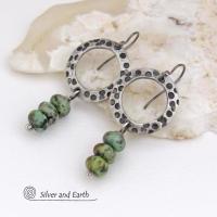 Rustic Textured Silver Pewter Hoop Earrings with African Turquoise Stones - Modern Earthy Organic Natural Gemstone Jewelry