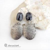Sterling Silver Dangle Earrings with Grey Black Picasso Marble Gemstones - Artisan Handmade Earthy Natural Stone Jewelry