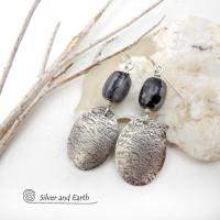 Sterling Silver Dangle Earrings with Grey Black Picasso Marble Gemstones - Artisan Handmade Earthy Natural Stone Jewelry