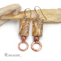 Picture Jasper Stone Earrings with Hammered Copper Dangles - Earthy Natural Stone Jewelry