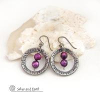 These handcrafted silver pewter hoop earrings have a hand stamped texture and are accented with purple freshwater pearls with a faceted finish. They have a modern chic, classic style that is always in fashion and will coordinate beautifully with all wardrobe types - dressed up or down. They'll make a great wife gift for couples celebrating their 10th year of marriage