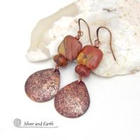 Copper Teardrop Dangle Earrings with Red Creek Jasper Stones - Handmade Earthy Natural Gemstone Jewelry